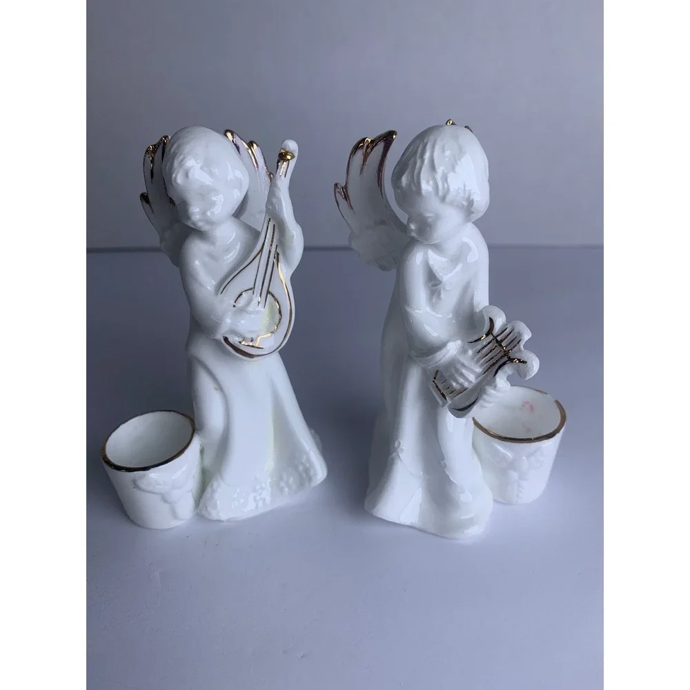Vintage Bone China Angel‎ Candle Holders Gold Trim Cherub Musicians Set of 2